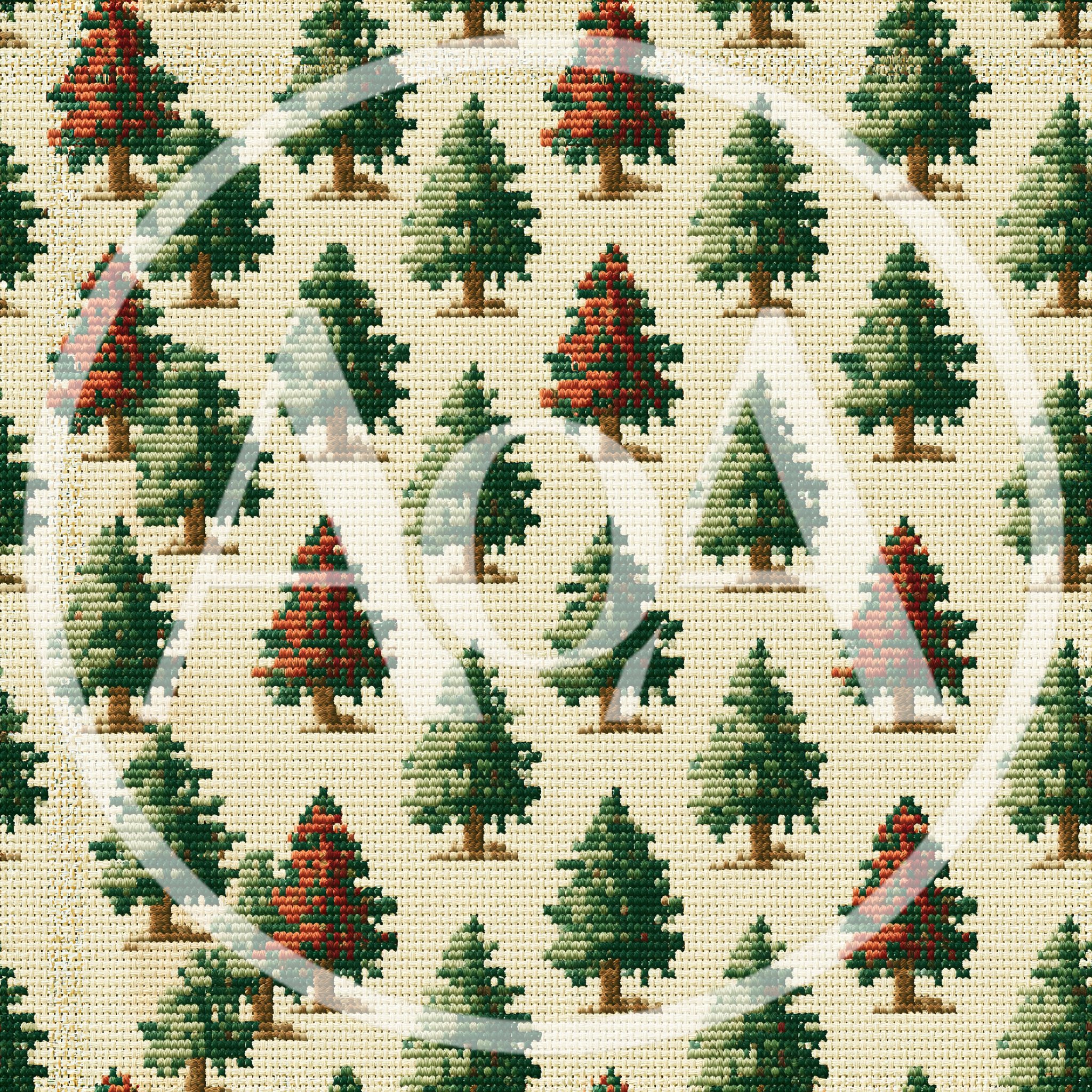 Seamless Pattern Of Embroidered Pine Trees