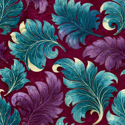Seamless Pattern of Ornate Teal and Purple Leaves