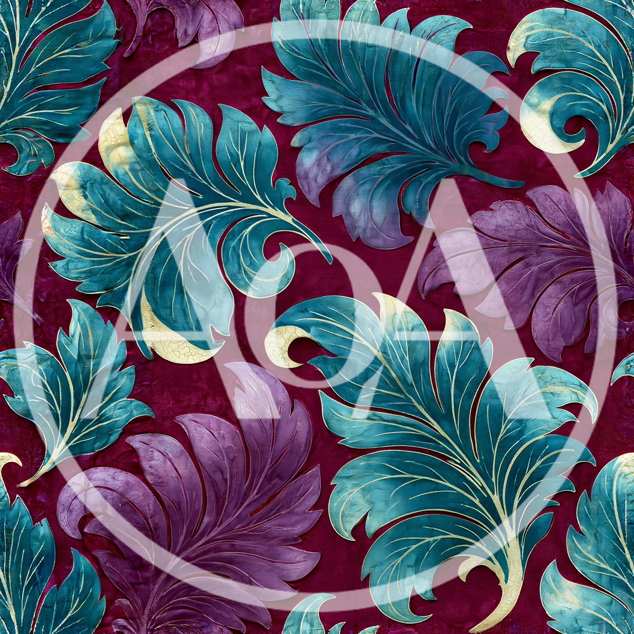 Seamless Pattern of Ornate Teal and Purple Leaves