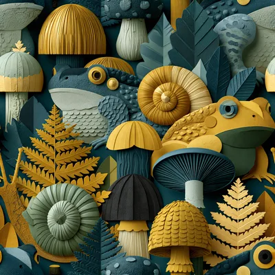 Papercraft Forest Pattern With Frogs And Mushrooms