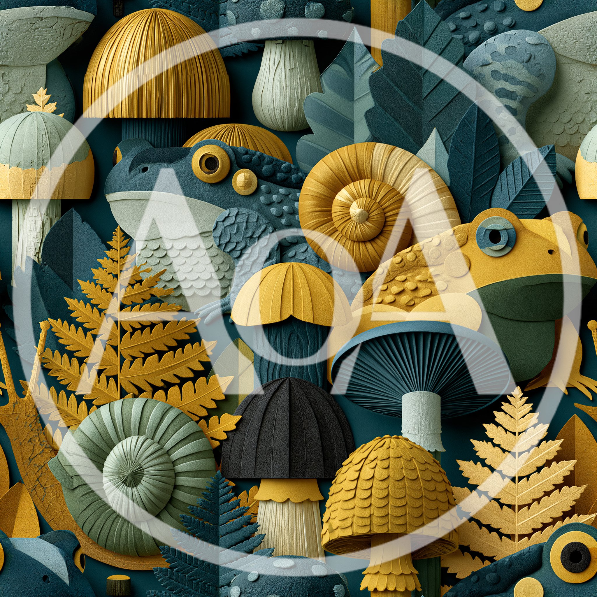 Papercraft Forest Pattern With Frogs And Mushrooms