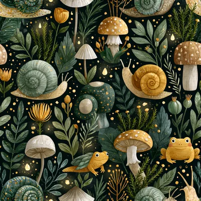 Seamless Pattern With Snails Frogs And Mushrooms