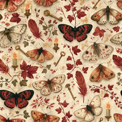 Vintage Botanical Pattern With Butterflies And Antique Keys