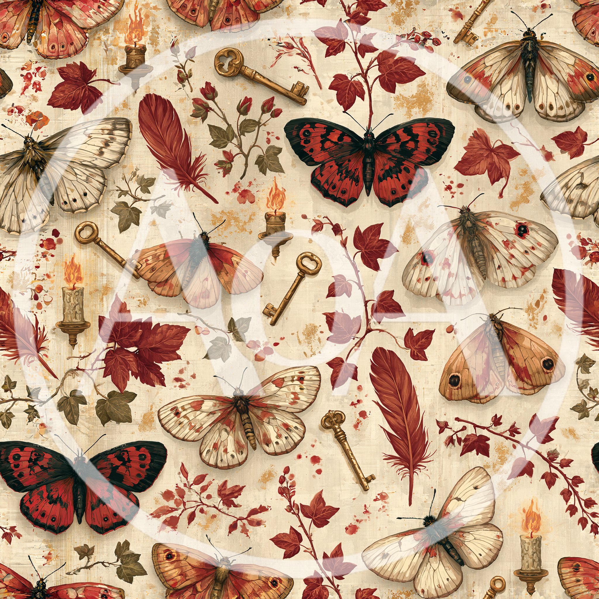 Vintage Botanical Pattern With Butterflies And Antique Keys