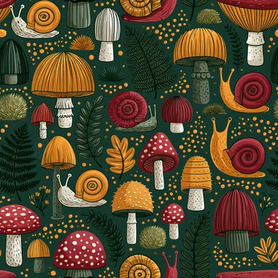 Seamless Pattern With Mushrooms And Snails