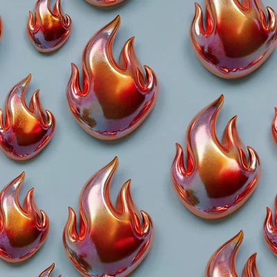 3D Metallic Flame Pattern on Light Blue Background