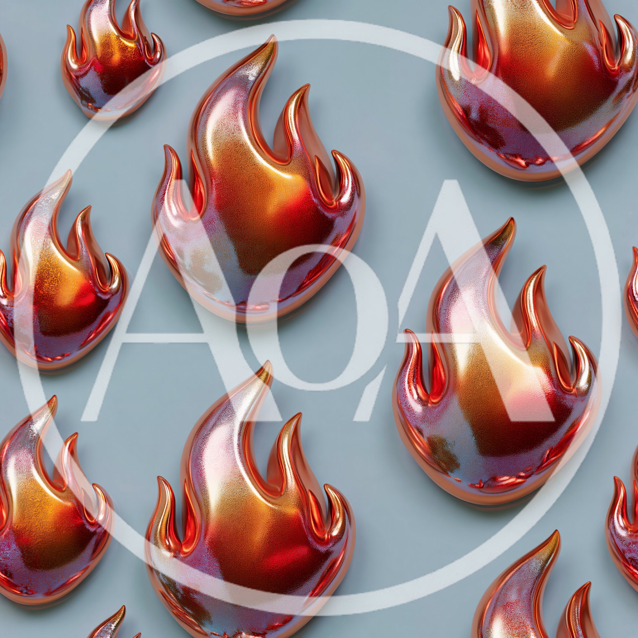 3D Metallic Flame Pattern on Light Blue Background