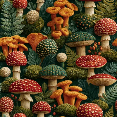 Seamless Pattern Of Forest Mushrooms And Ferns