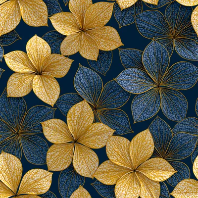 Seamless Pattern of Golden and Blue Floral Motifs