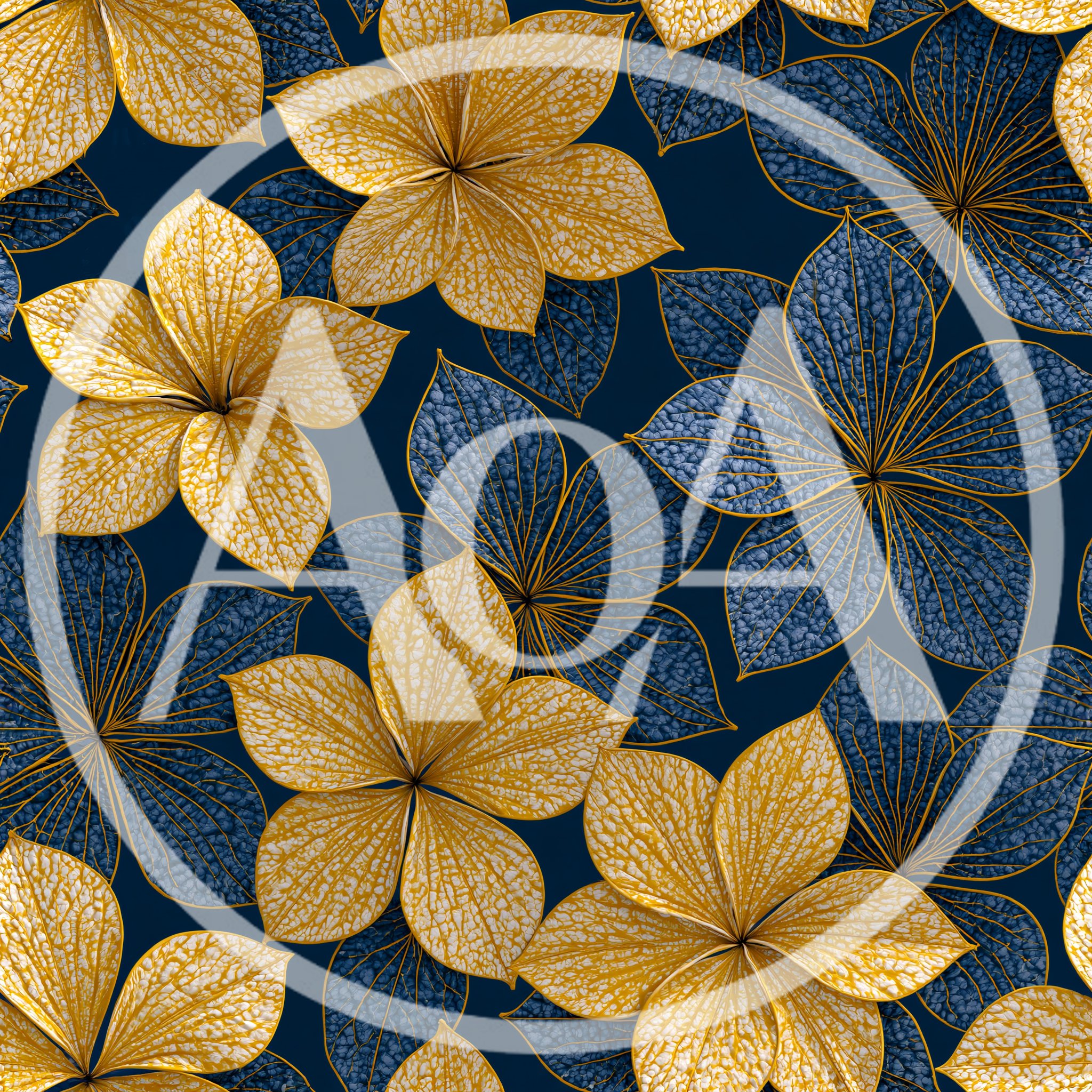 Seamless Pattern of Golden and Blue Floral Motifs