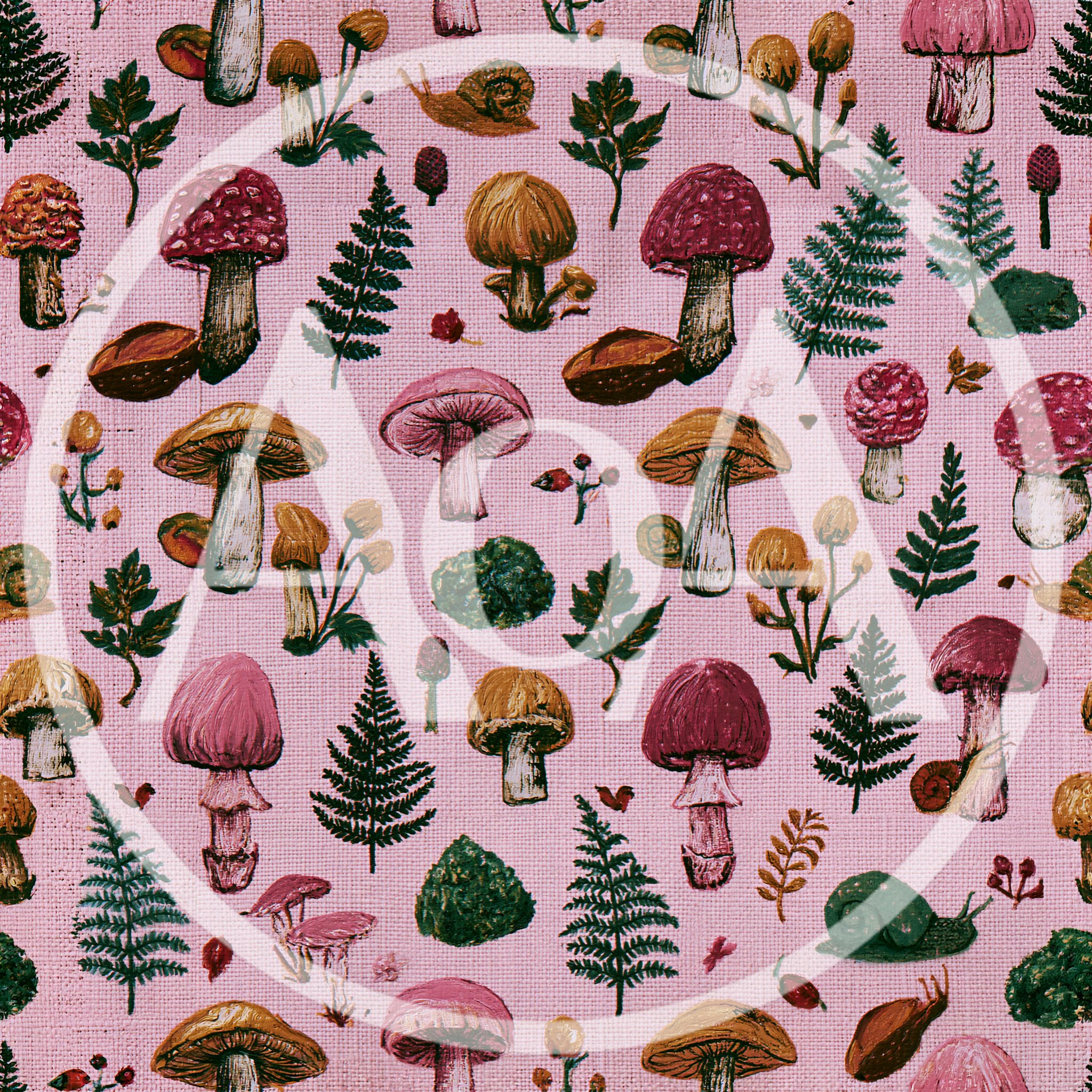 Seamless Pattern Of Hand Painted Forest Mushrooms And Snails
