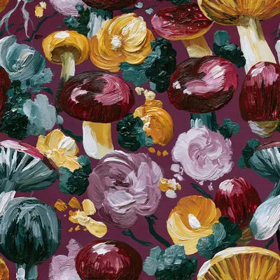 Seamless Pattern of Oil Painted Mushrooms and Flowers