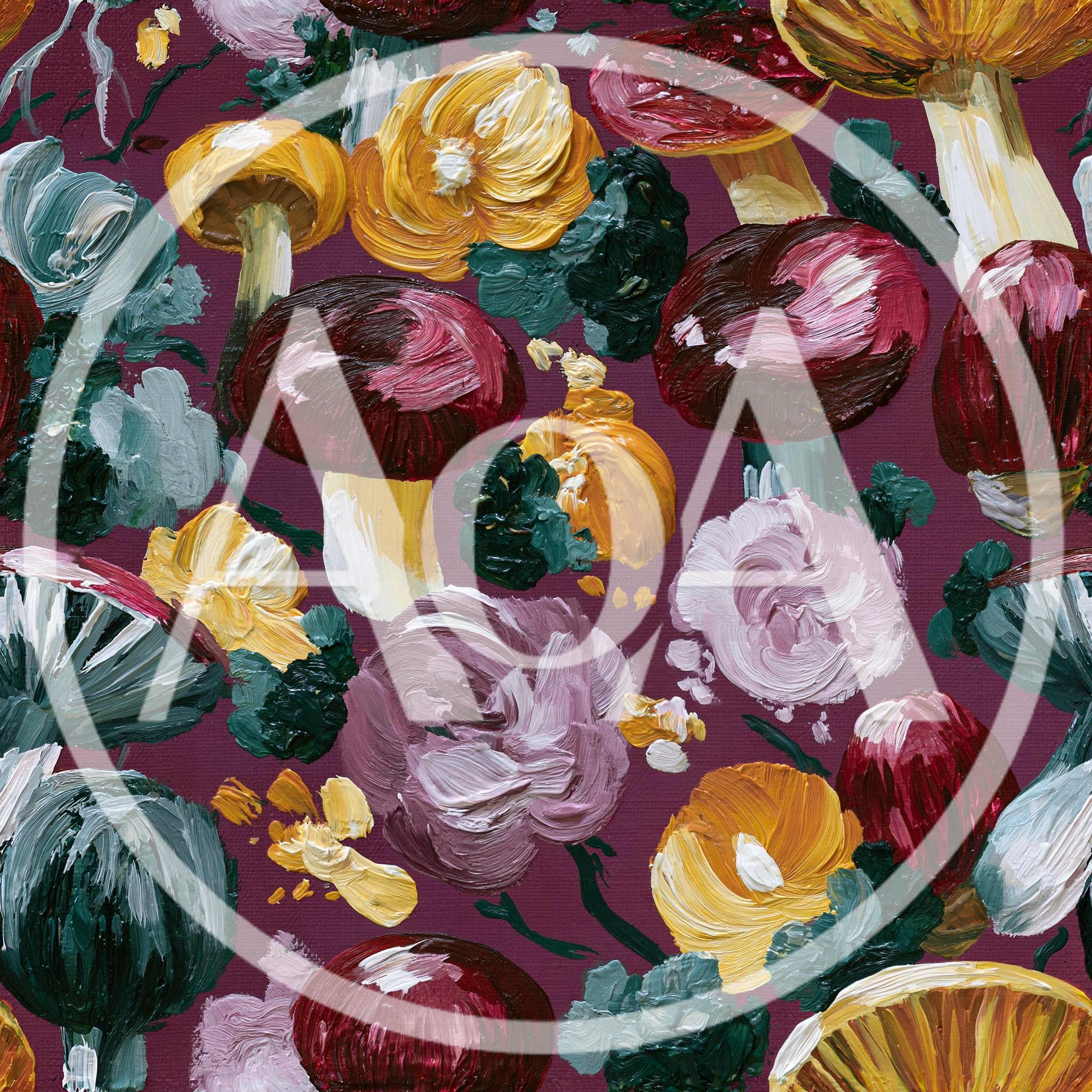 Seamless Pattern of Oil Painted Mushrooms and Flowers
