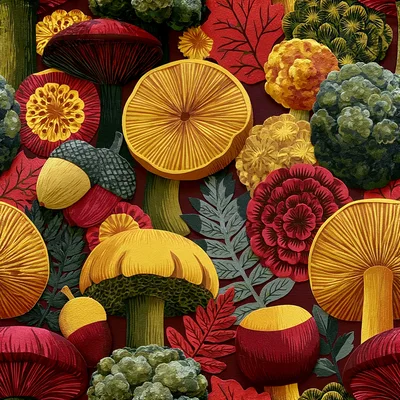 Autumnal Forest Floor Pattern With Mushrooms And Foliage