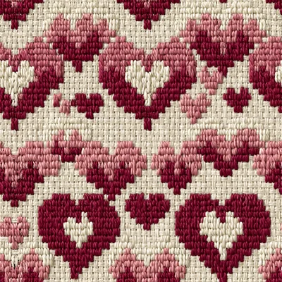Seamless Pattern Of Embroidered Hearts On Linen Fabric