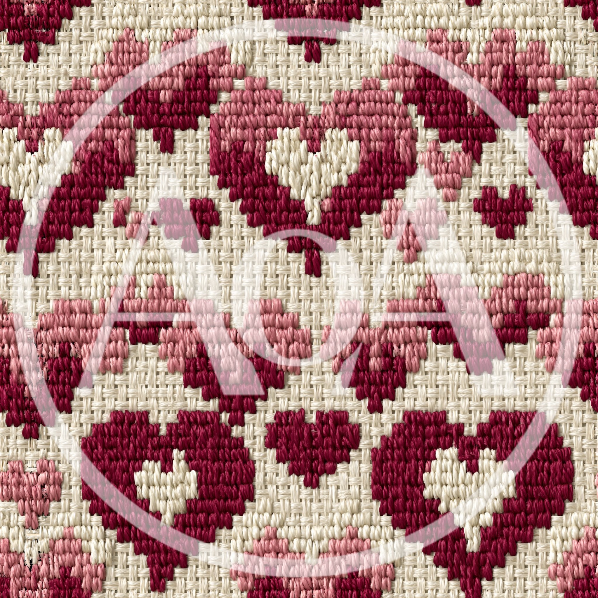 Seamless Pattern Of Embroidered Hearts On Linen Fabric