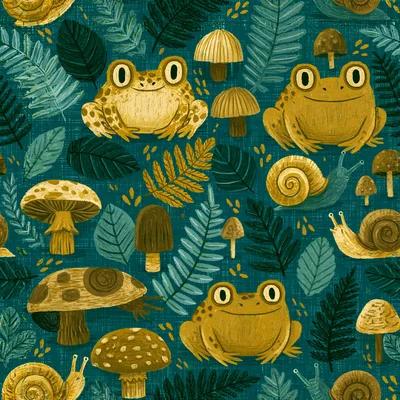 Seamless Pattern With Frogs Snails And Mushrooms