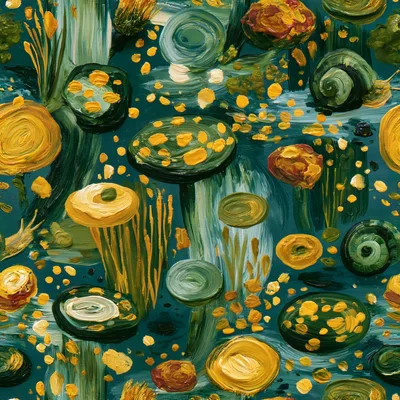 Abstract Oil Painting With Textured Green And Yellow Circles