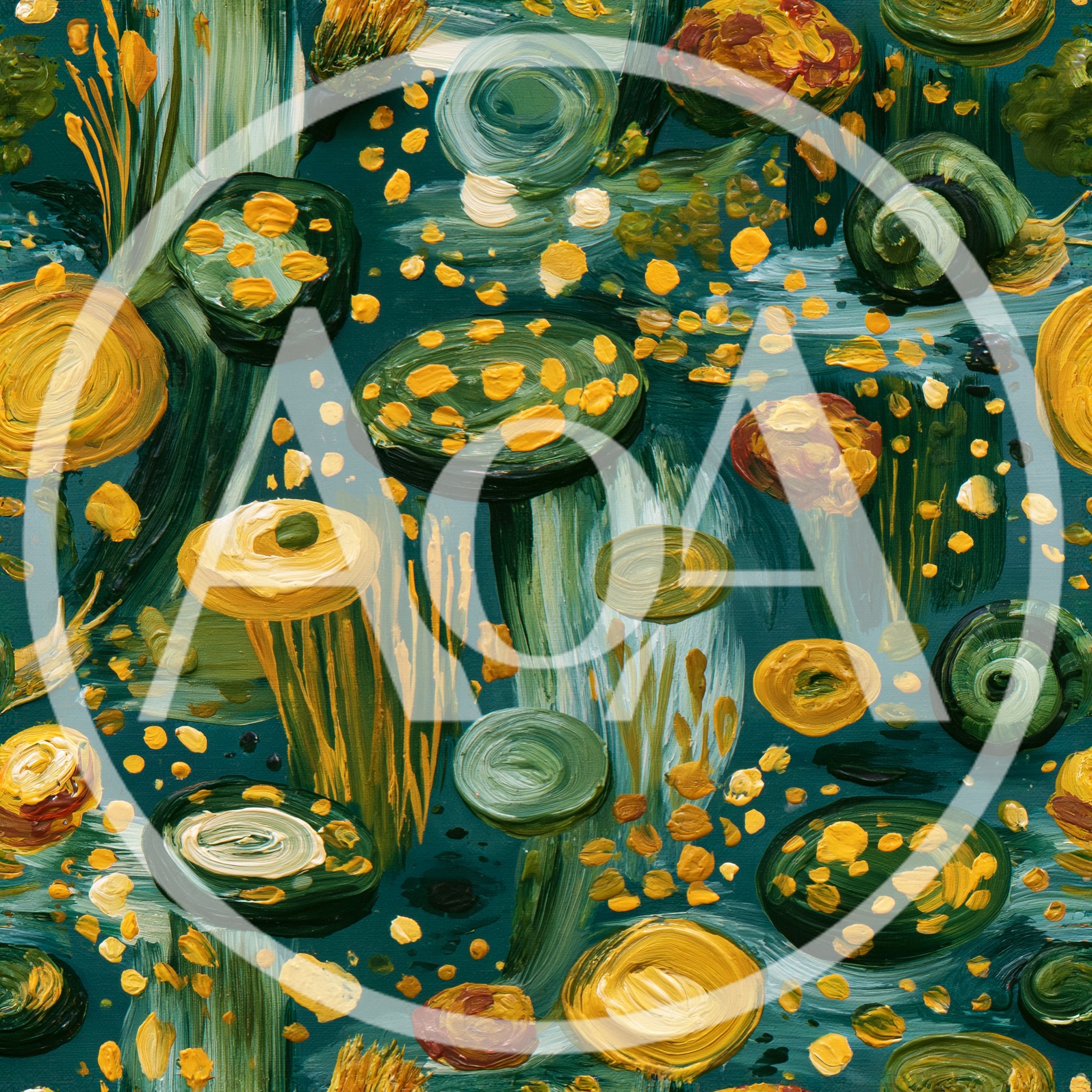 Abstract Oil Painting With Textured Green And Yellow Circles