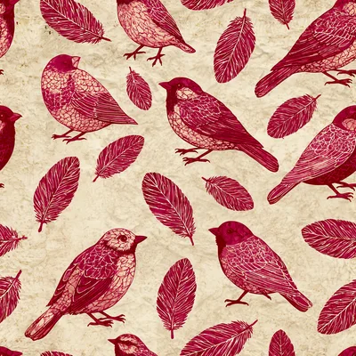 Seamless Pattern With Red Birds And Feathers