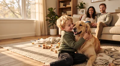 Young Boy Hugging Golden Retriever in Living Room