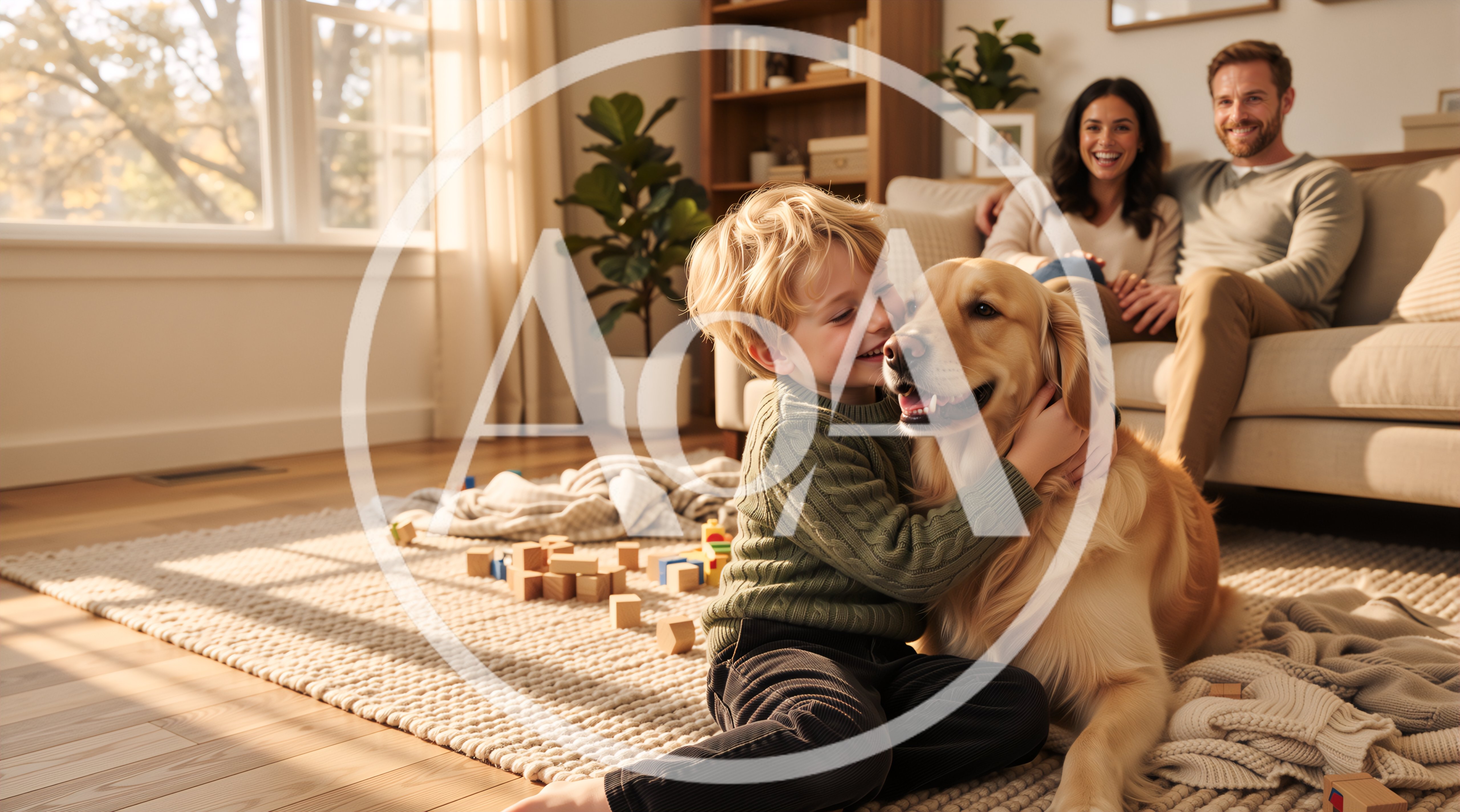 Young Boy Hugging Golden Retriever in Living Room