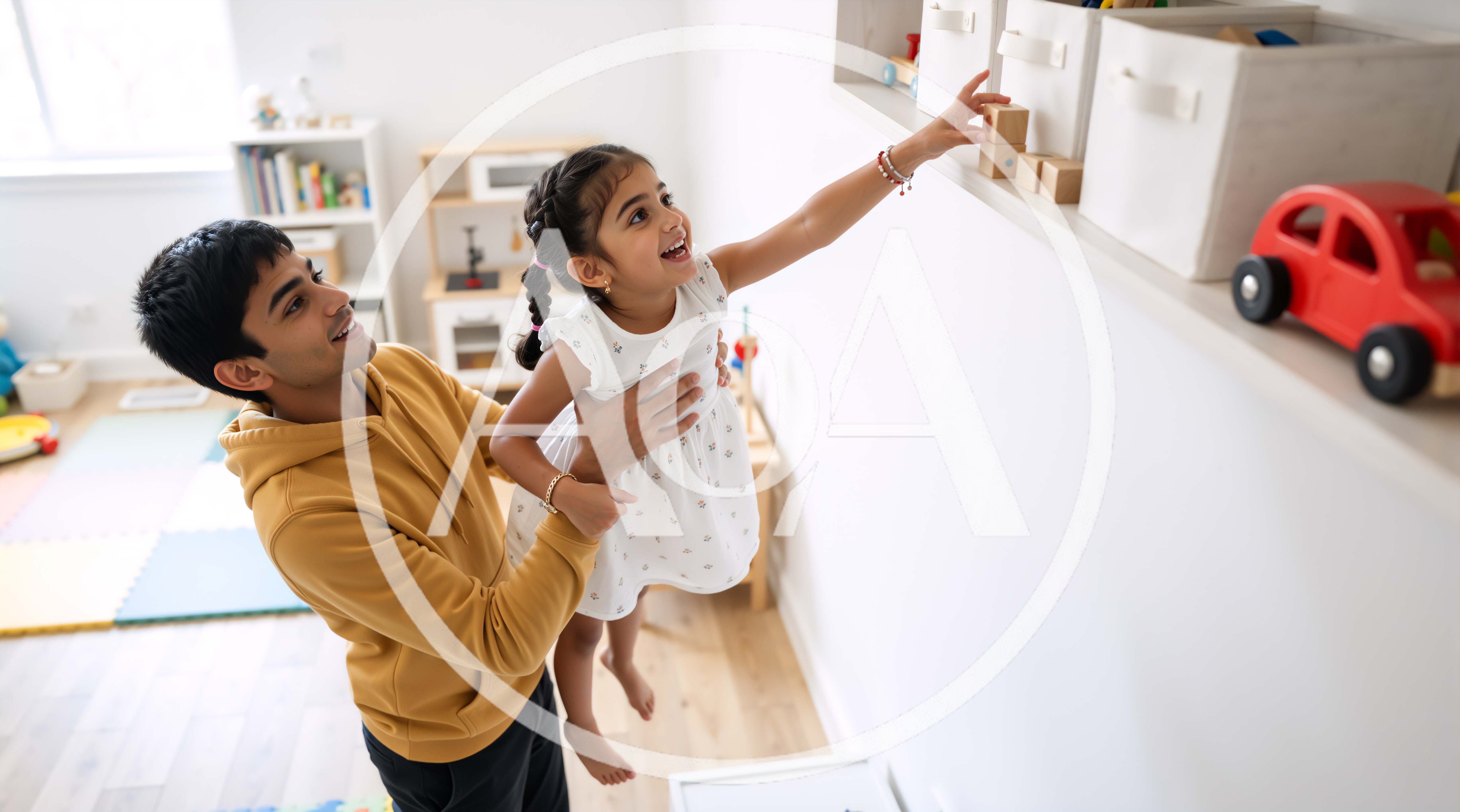 Father Lifting Daughter To Reach Toy On Shelf