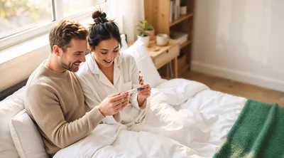 Happy Couple Celebrating Positive Pregnancy Test Result