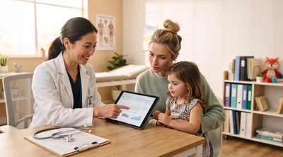 Pediatrician Explaining Medical Data To Mother And Child