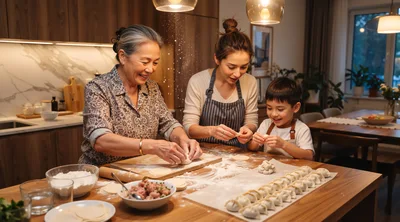 Multigenerational Family Making Dumplings Together in Kitchen