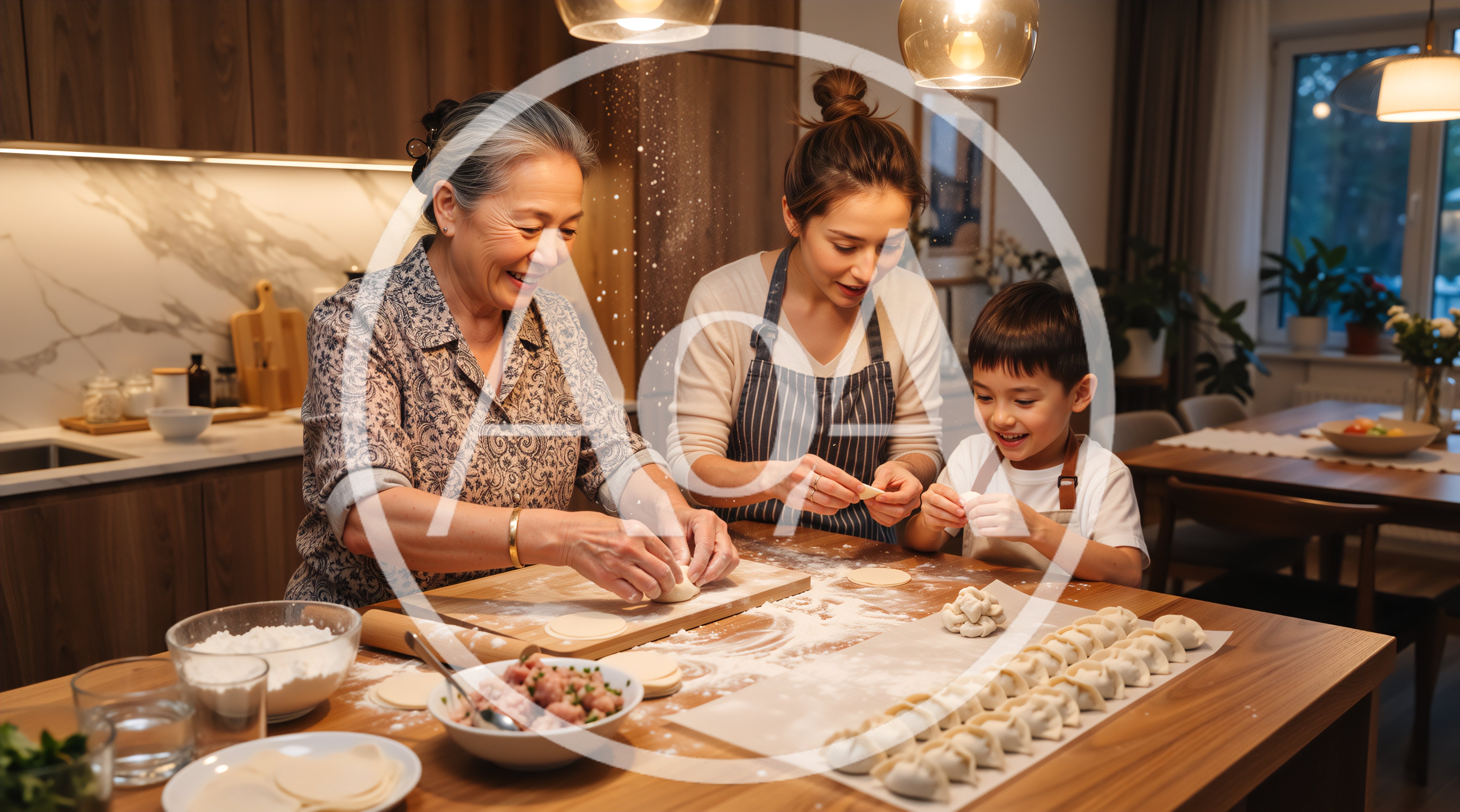 Multigenerational Family Making Dumplings Together in Kitchen