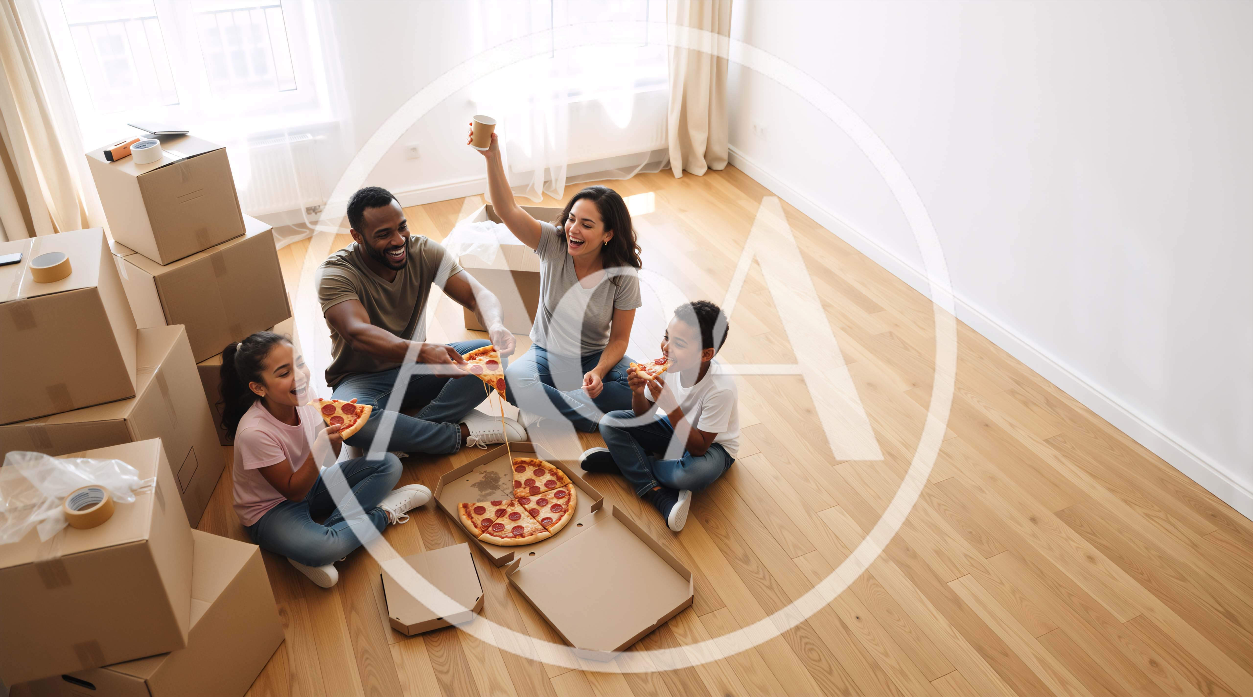 Happy Family Eating Pizza In New Home