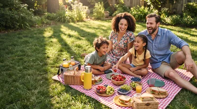 Happy Family Having A Picnic In A Sunny Garden