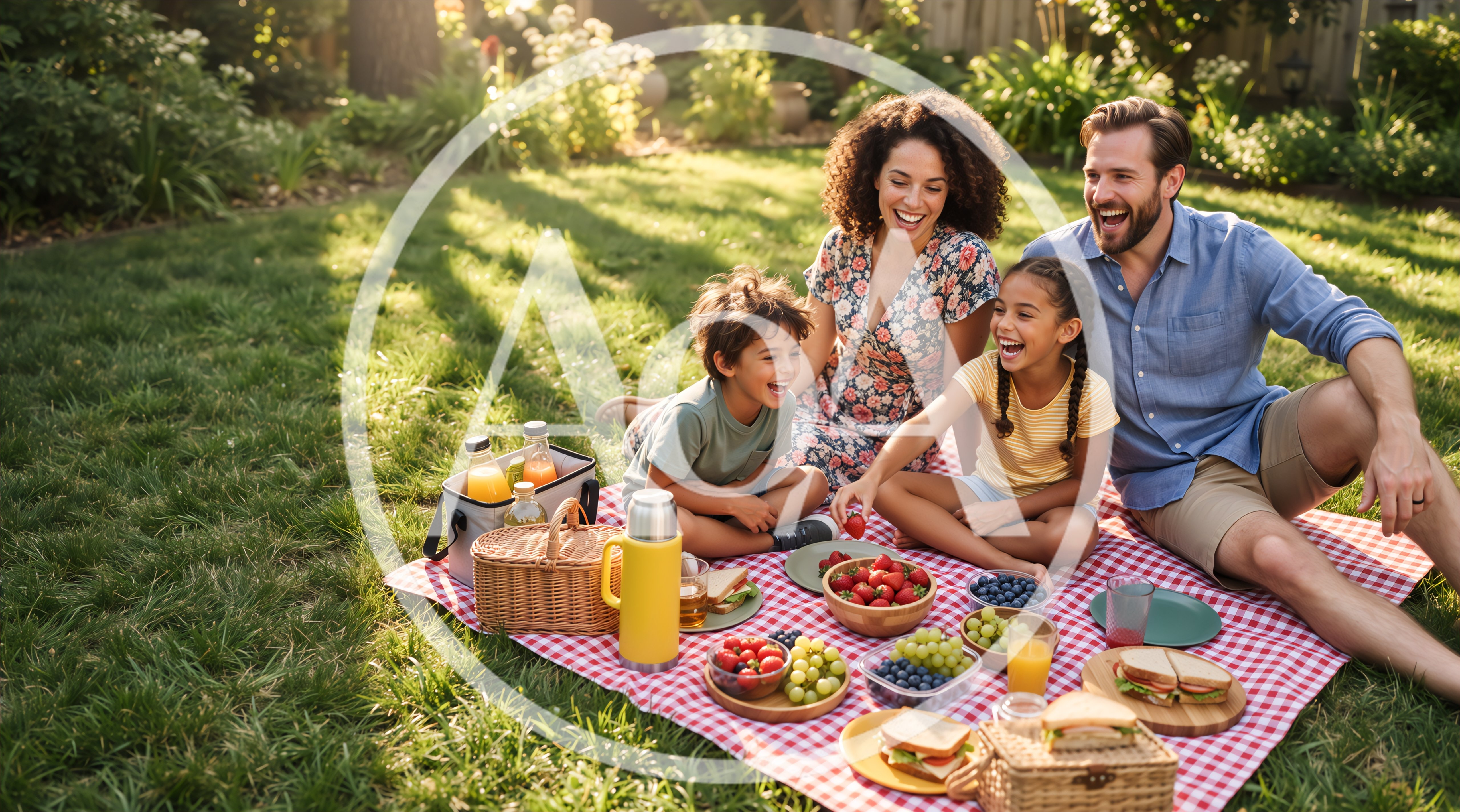 Happy Family Having A Picnic In A Sunny Garden