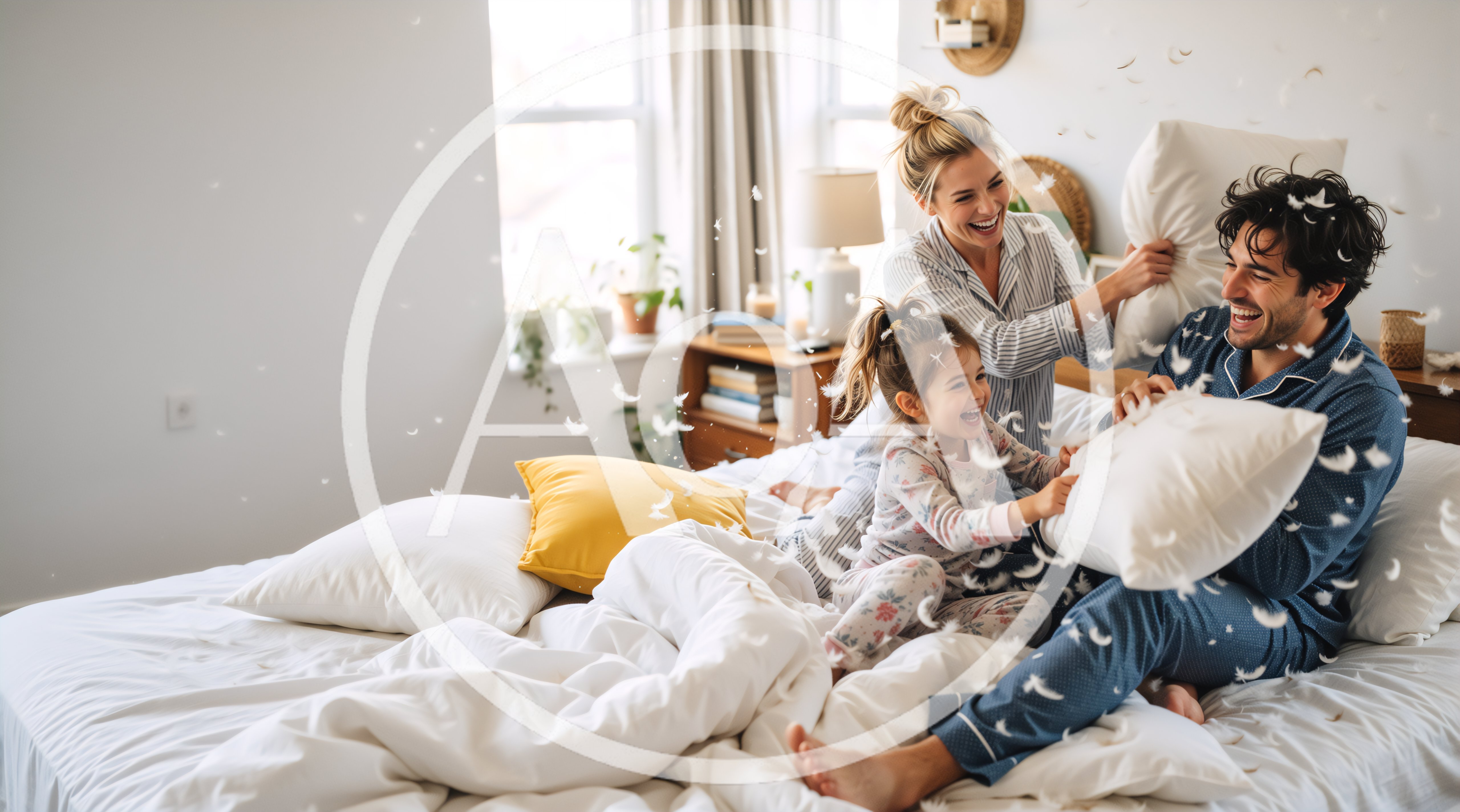 Happy Family Having A Fun Pillow Fight In Bedroom
