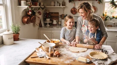 Mother and Children Baking Holiday Pie Together