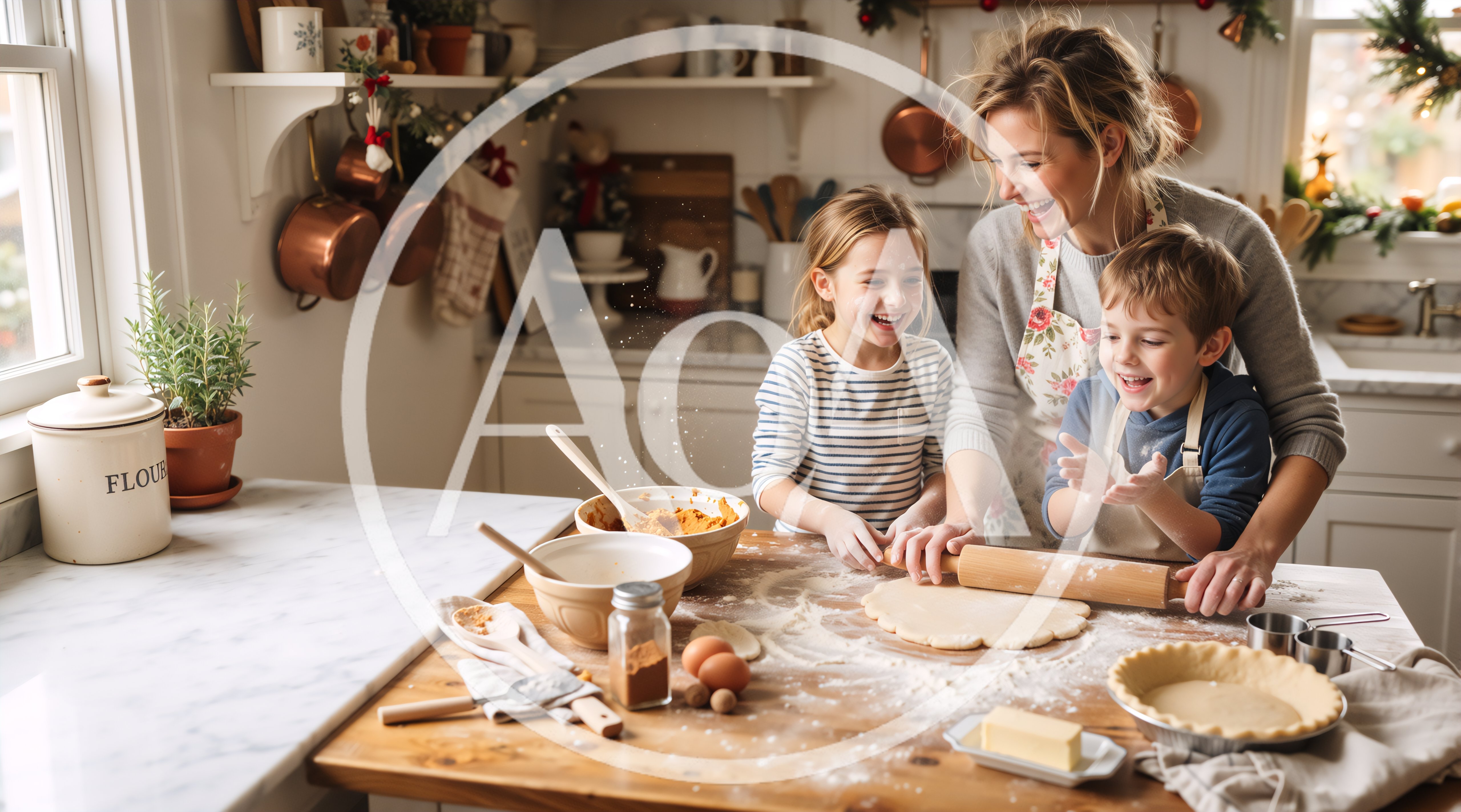 Mother and Children Baking Holiday Pie Together