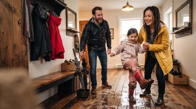 Family Having Fun Splashing In Puddle Indoors