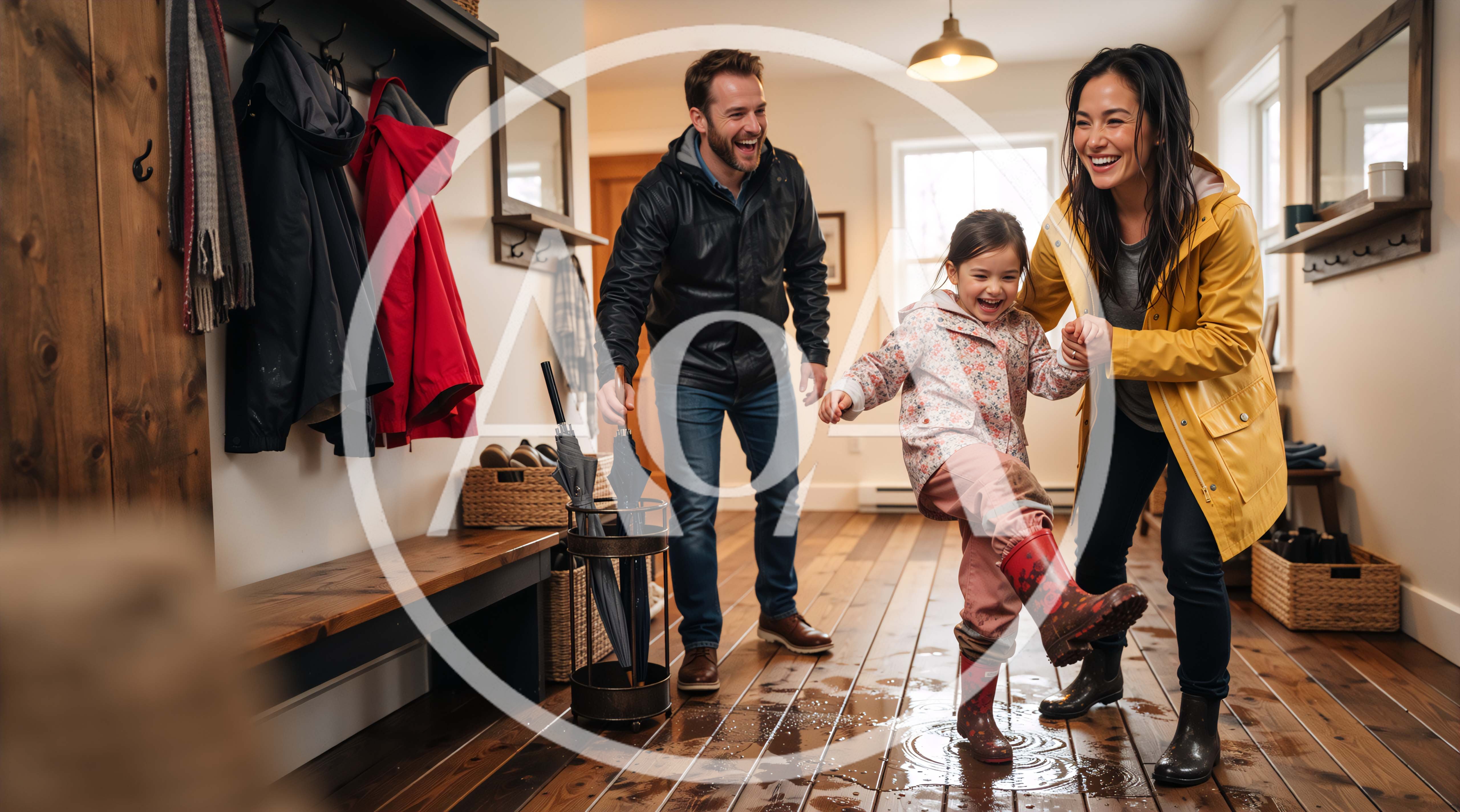 Family Having Fun Splashing In Puddle Indoors