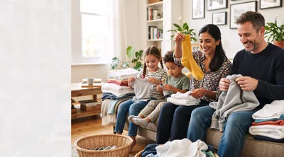 Family Folding Laundry Together in Living Room