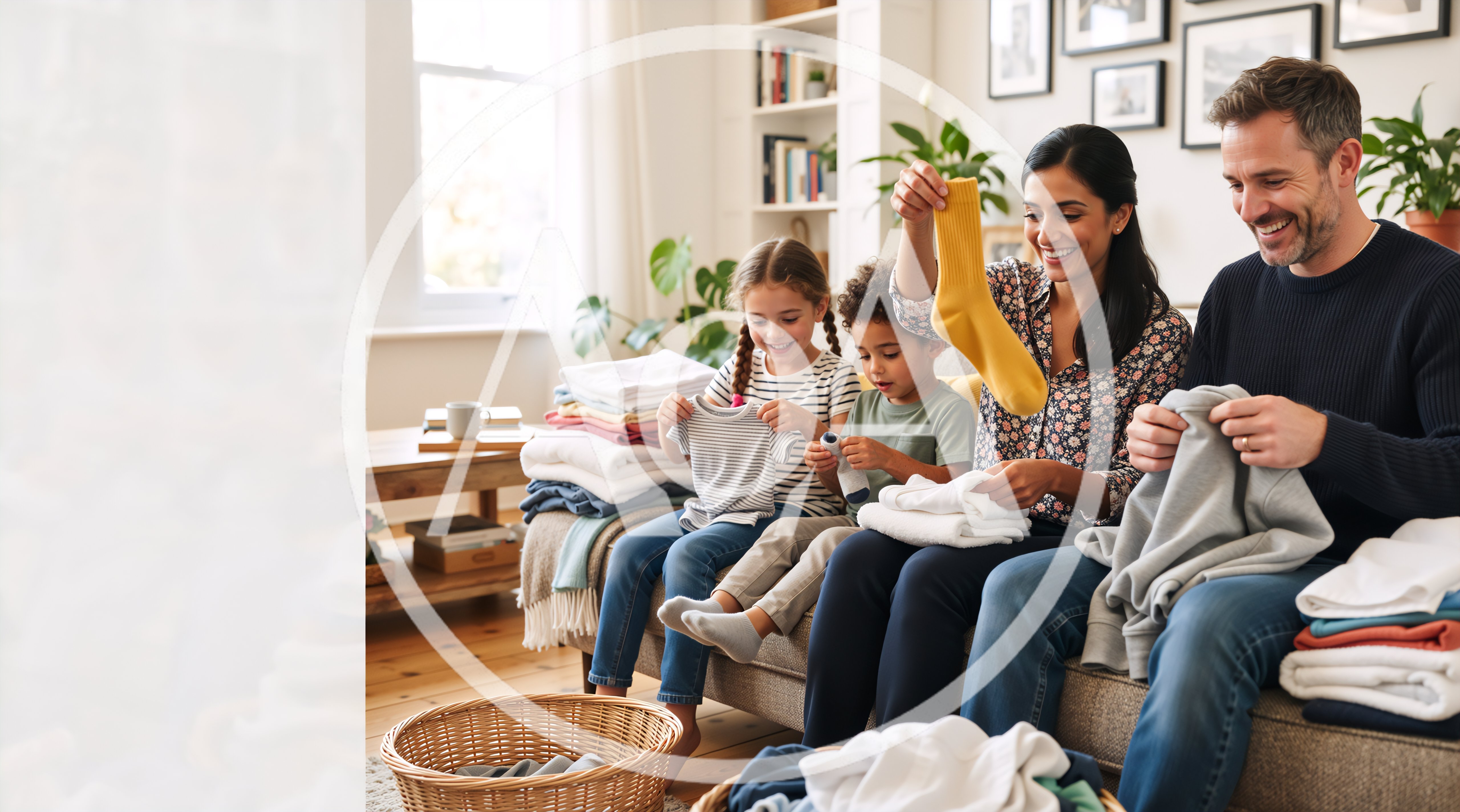 Family Folding Laundry Together in Living Room