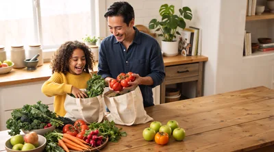 Father and Daughter Unpacking Fresh Groceries in Kitchen