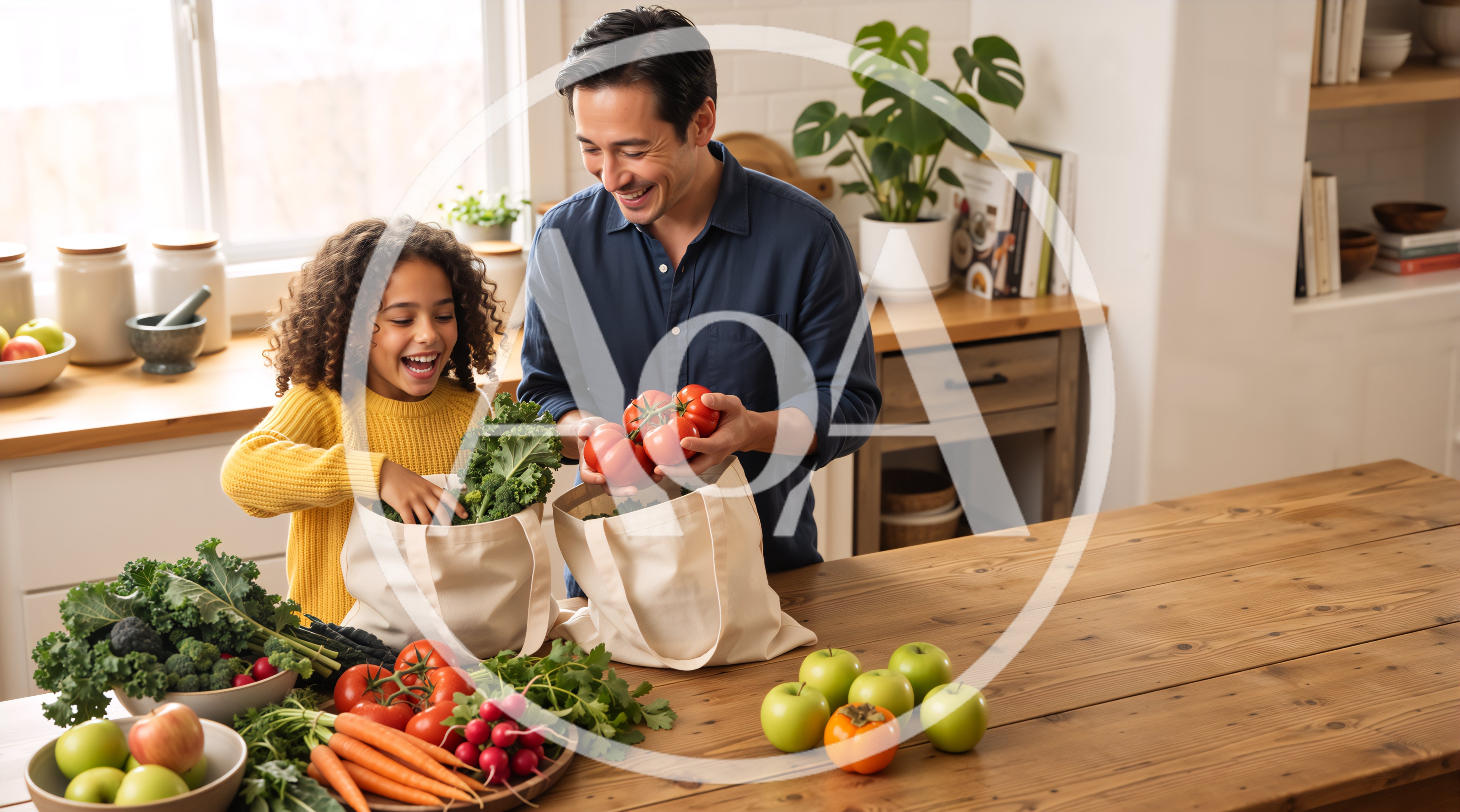 Father and Daughter Unpacking Fresh Groceries in Kitchen