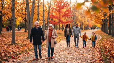Multi-Generational Family Walking Together In Autumn Park