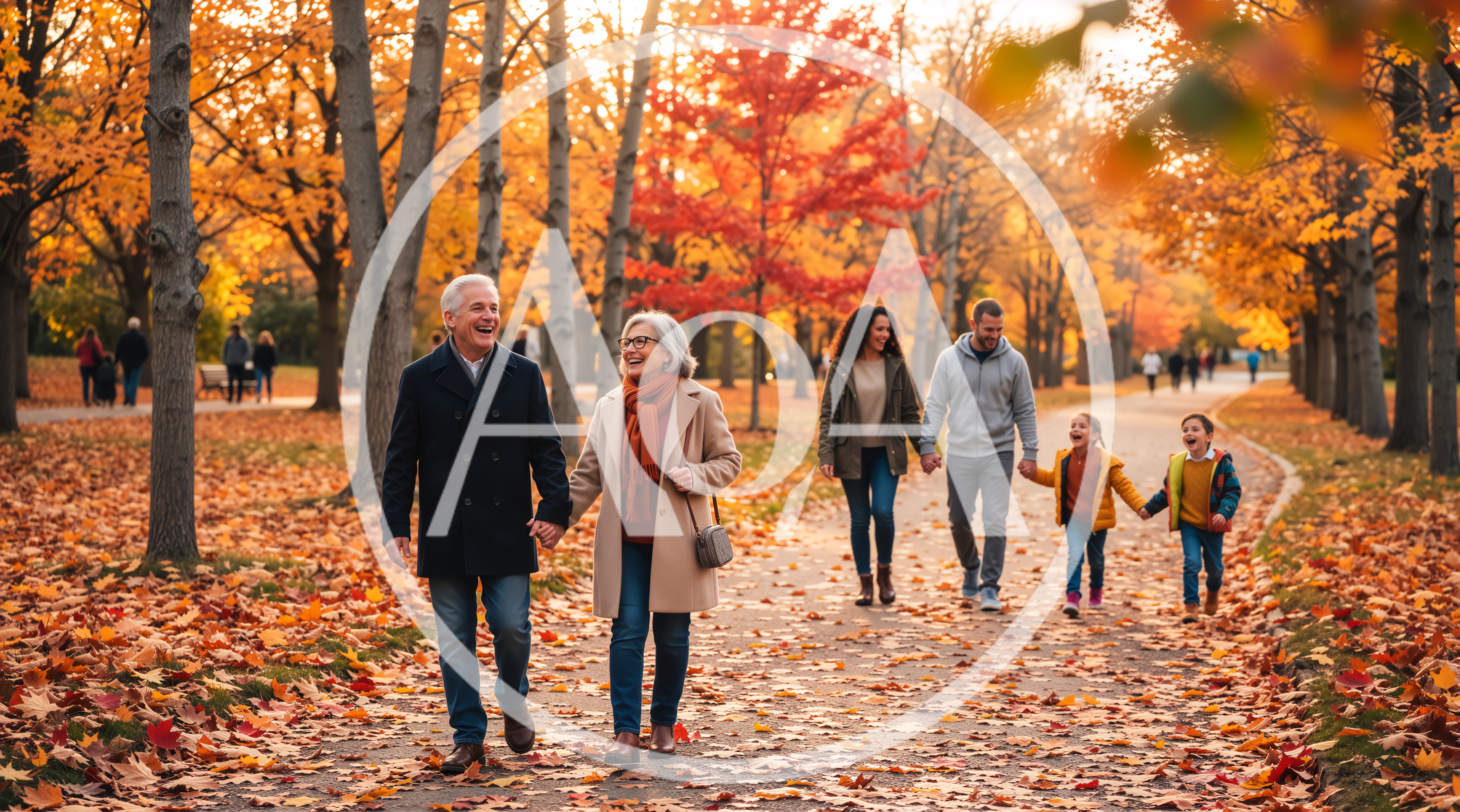 Multi-Generational Family Walking Together In Autumn Park