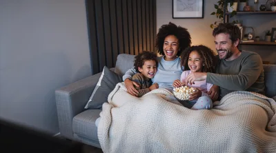 Happy Family Watching Movie Together On Sofa