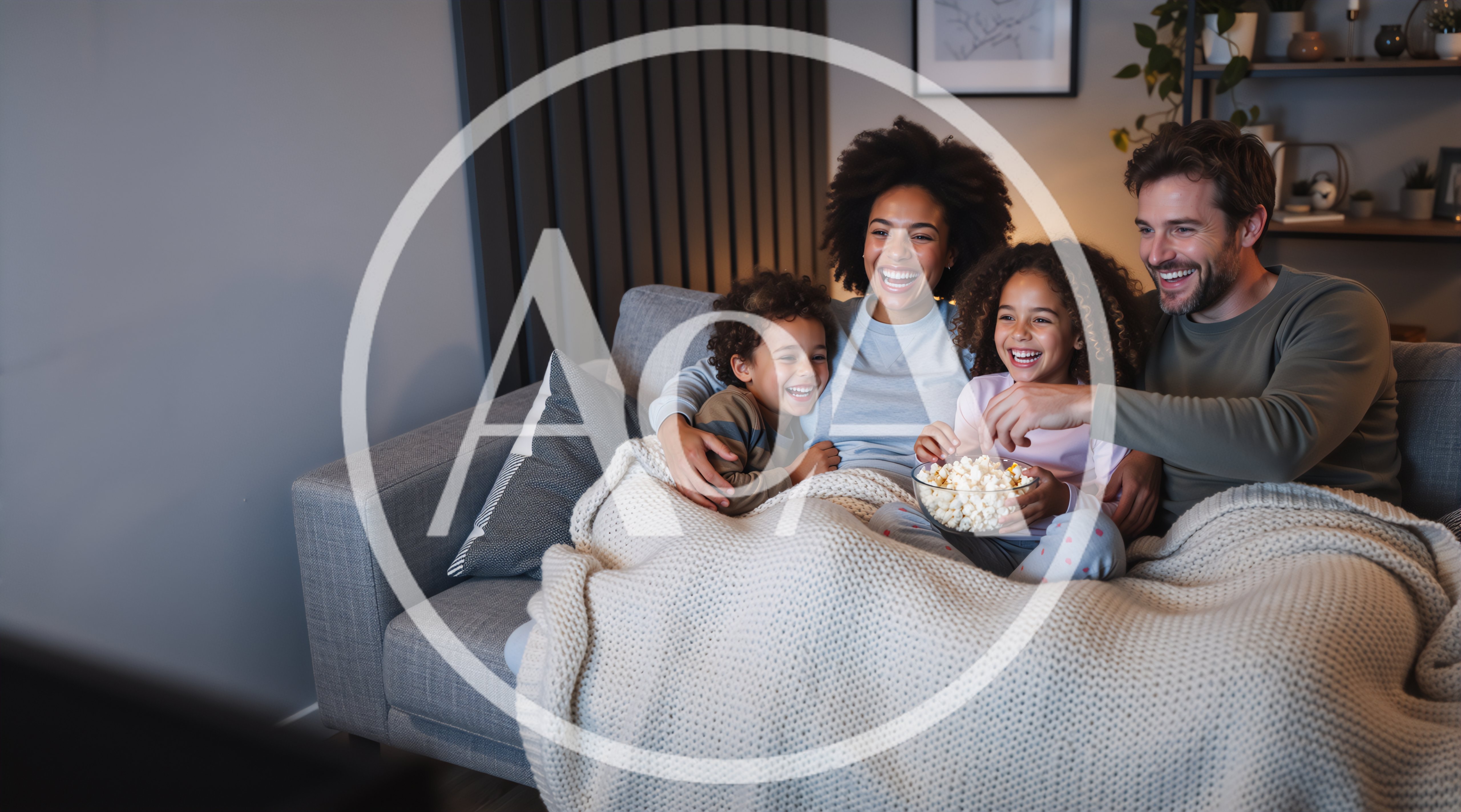 Happy Family Watching Movie Together On Sofa
