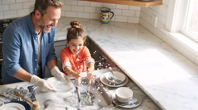 Father and Daughter Washing Dishes Together in Kitchen