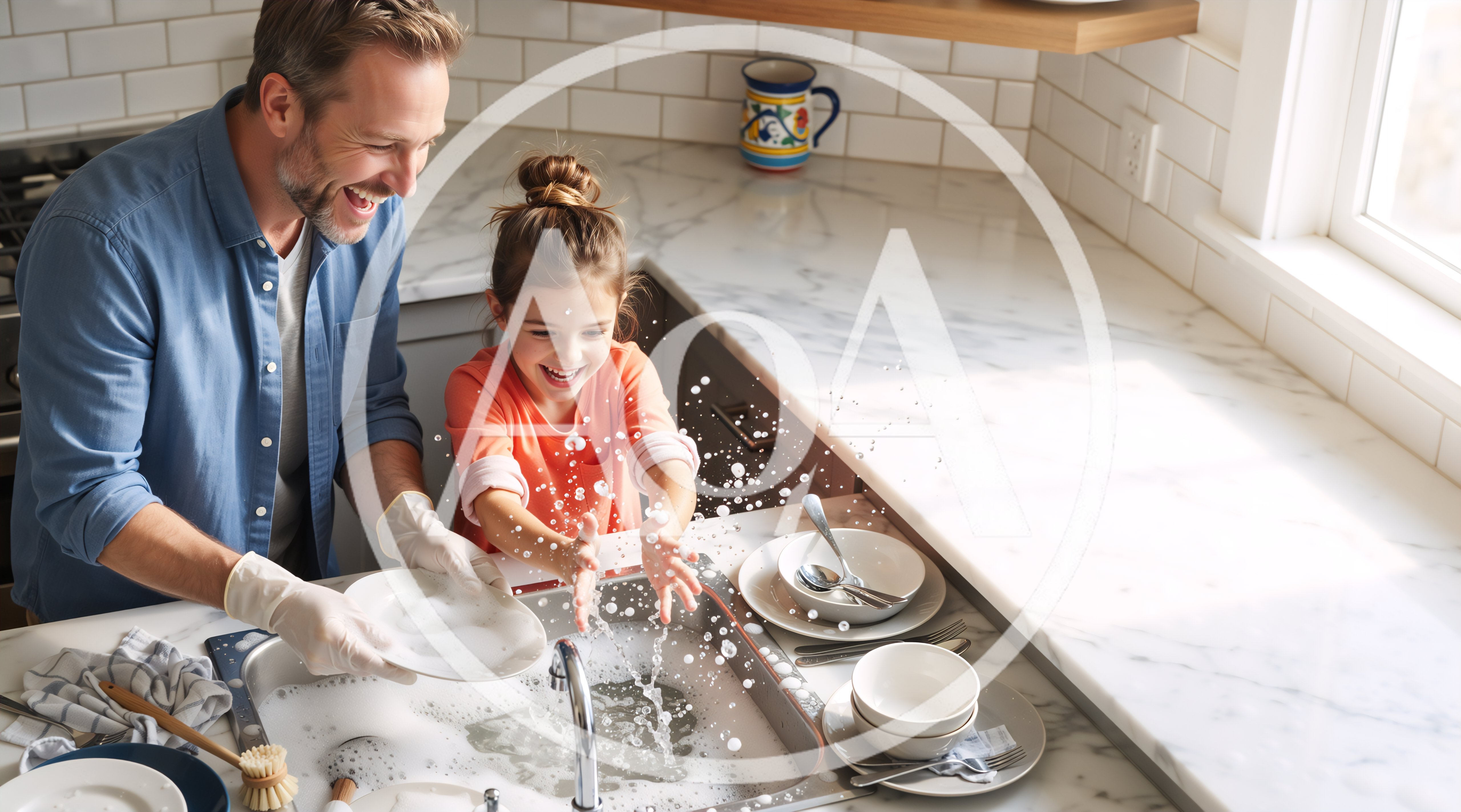 Father and Daughter Washing Dishes Together in Kitchen