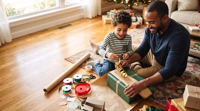 Father and Son Wrapping Christmas Gifts Together